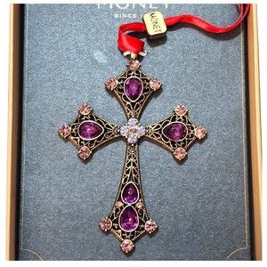 Monet Holiday Christmas Ornament NIB - Gold Tone, Purple Rhinestone 3.5” Cross